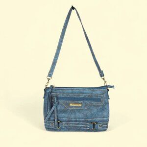Y2K Stone &amp; Co Shoulder Bag Blue Faux Leather Multi Pocket Zip Organizer